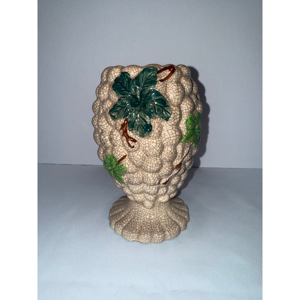 Vintage Made in Japan Grape Cluster Crackle Glaze Ceramic Pedestal Vase Cream